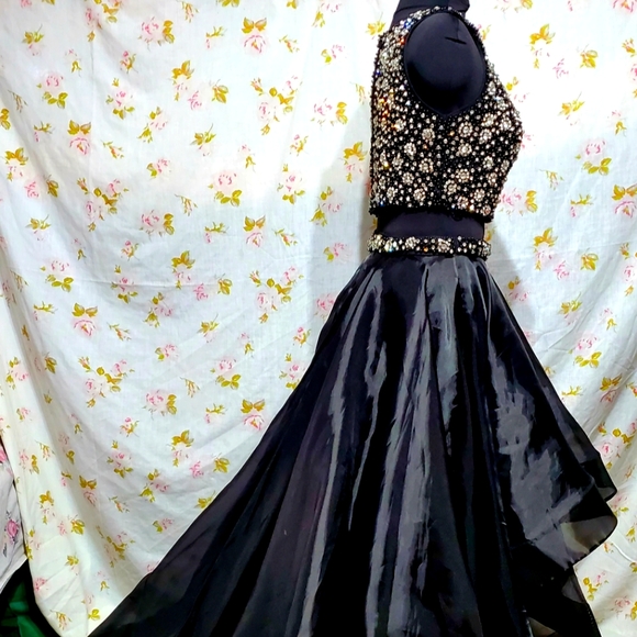 Two Piece, Black and Silver Beaded Prom Dress - Picture 1 of 5